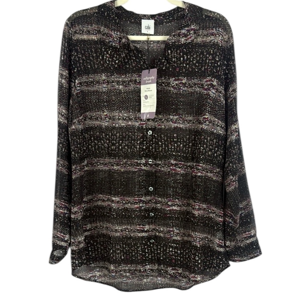Cabi Crochet Print Black Brown and Cream Buttoned Sheer Paris Blouse Size Large